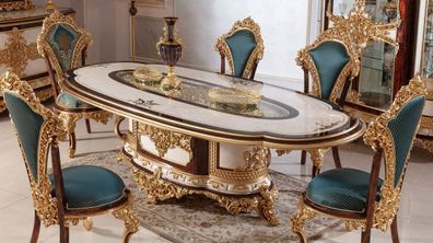 Casa Padrino Luxus Barock Esszimmer Set Weiß / Braun / Blau / Gold - 1 Barock Esstisc