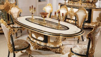 Casa Padrino Luxus Barock Esszimmer Set Weiß / Mehrfarbig / Blau / Gold - 1 Barock Es