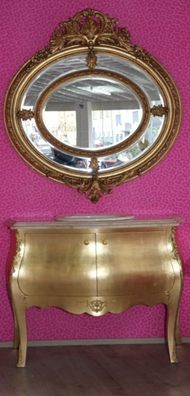 Casa Padrino Luxus Barock Waschtisch mit cremfarbiger Marmorplatte inkl. Spiegel Rund
