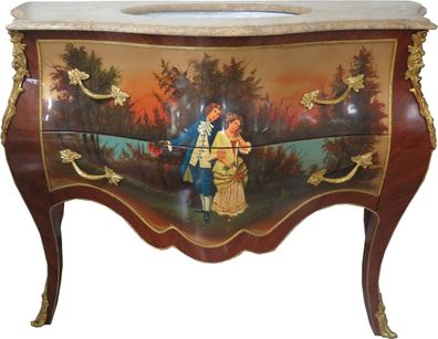 Casa Padrino Barock Waschtisch Braun mit Malerei und cremefarbener Marmorplatte - Lux
