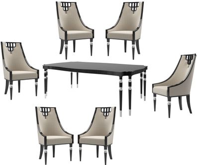 Casa Padrino Luxus Art Deco Esszimmer Set Beige / Schwarz / Silber - 1 Esszimmertisch