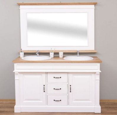 Casa Padrino Landhausstil Badezimmer Set Weiß / Naturfarben - 1 Doppelwaschtisch & 1