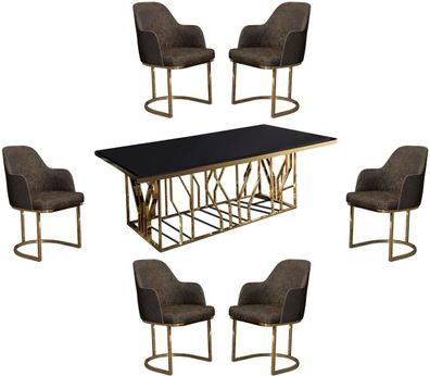 Casa Padrino Luxus Esszimmer Möbel Set Grau / Gold / Schwarz - 1 Esstisch & 6 Esszimm