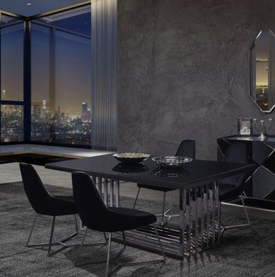 Casa Padrino Luxus Esszimmer Möbel Set Silber / Schwarz - 1 Esstisch & 6 Esszimmerstü