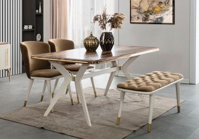 Casa Padrino Luxus Art Deco Esszimmer Set Braun / Weiß / Gold - 1 Esszimmertisch & 4