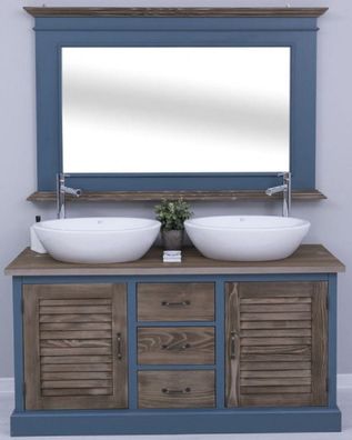 Casa Padrino Landhausstil Badezimmer Set Blau / Dunkelbraun - 1 Doppelwaschtisch & 2
