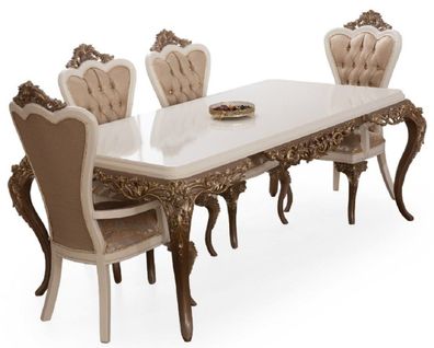 Casa Padrino Luxus Barock Esszimmer Set Weiß / Braun / Gold - 1 Esszimmertisch & 6 Es