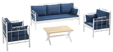 Casa Padrino Jugendstil Gartenmöbel Set Blau / Weiß - 1 Sofa & 2 Sessel & 1 Tisch - G