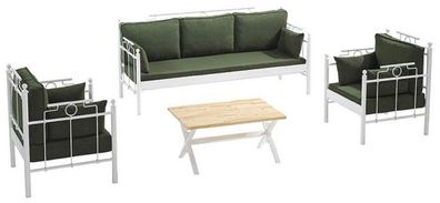 Casa Padrino Jugendstil Gartenmöbel Set Dunkelgrün / Weiß - 1 Sofa & 2 Sessel & 1 Tis