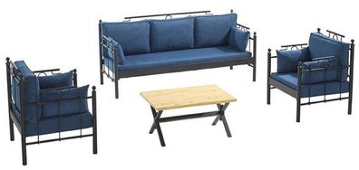 Casa Padrino Jugendstil Gartenmöbel Set Blau / Schwarz - 1 Sofa & 2 Sessel & 1 Tisch