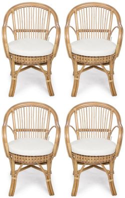 Casa Padrino Luxus Gartenstuhl 4er Set Naturfarben / Weiß 57 x 61 x H. 80 cm - Rattan