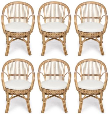 Casa Padrino Luxus Gartenstuhl 6er Set Naturfarben / Weiß 57 x 61 x H. 80 cm - Rattan