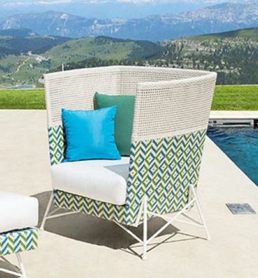 Casa Padrino Luxus Garten Sessel Weiß / Blau / Grün 98 x 85 x H. 104 cm - Handgewebte