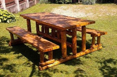 Casa Padrino Gartenmöbel Set Rustikal Tisch + 2 Garten Bänke Mod GM2 - Eiche Massivho