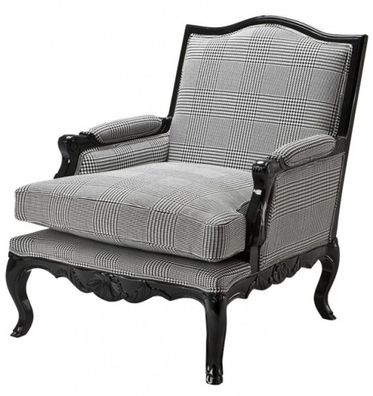 Casa Padrino Luxus Barock Lounge Sessel Schwarz / Grau Kariert Mod2