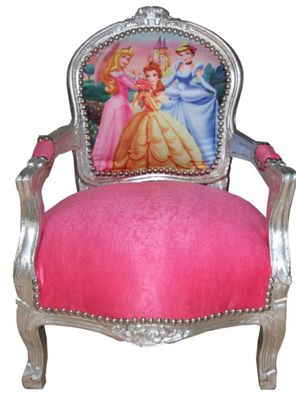 Casa Padrino Barock Kinder Stuhl Rosa/Silber Prinzessin Stuhl - Armlehnstuhl