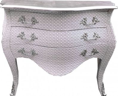 Casa Padrino Barock Kommode Weiß / Glitzerlook 120 cm mit silberner Oberplatte - Baro