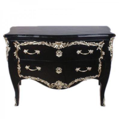 Casa Padrino Barock Kommode Schwarz Hochglanz / Silber 130 cm - Handgefertigt aus Mas