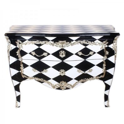 Casa Padrino Barock Kommode Schwarz / Weiß Karo / Silber 130 cm - Handgefertigt aus M