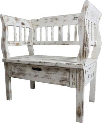 Casa Padrino Landhausstil Shabby Chic Sitzbank mit Schublade Antik Weiß / Braun 80 x