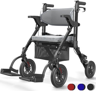 VOCIC 2 in 1 Rollstuhl Rollator faltbar leicht mit Sitz Obsidianschwarz