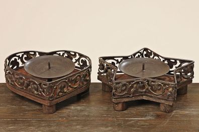 Kerzenleuchter Aurelia Holz Metall Ø12,5 cm natur Stern/Herz 2er Set