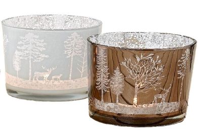 Windlicht Meldorf Hirsch Glas lackiert weiß braun H.8 Ø.7 cm 2er Set