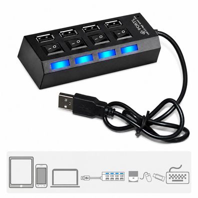 C18C USB Hub 4 Port mit Einzelnen LED Ein-/ Ausschalter Extender 40cm Kabel PC Laptop