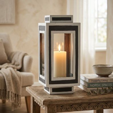 Windlicht KIRK Weiß Grau Laterne Kerzenhalter Holz Shabby Chic