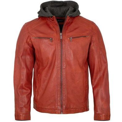 Jilani Collection - Herren Lederjacke Kapuze Lammnappa rot-orange