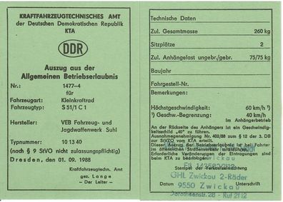Betriebserlaubnis Simson S51/ 1 C1 Comfort, Ost Oldtimer, DDR Moped