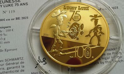 Original 100 euro 2021 Frankreich Lucky Luke 1/2 Unze 15,55g 999er Gold PP