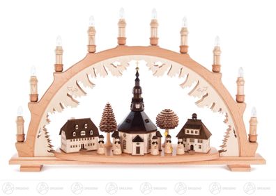 Schwibbogen Seiffener Dorf u. Kurrende ele beleuchtet, nnenbel. Gebäude u. Bogen