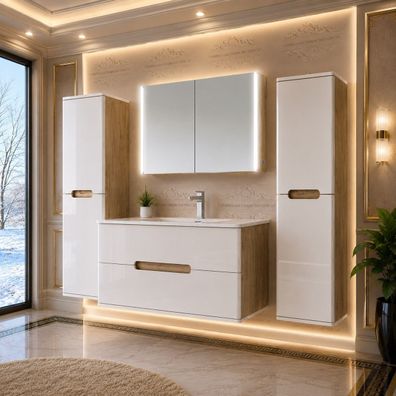 Badmöbel set mit waschbecken und spiegelschrank Hochglanz mit Keramik Becken 90