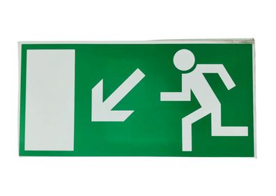 Fluchtwegschild — Abwärts nach links, 297 × 148 mm