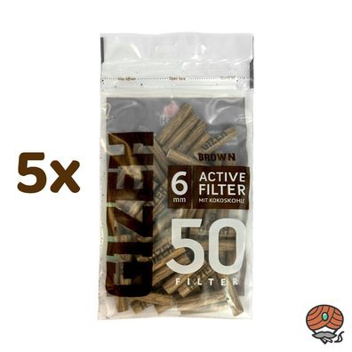 5x Gizeh Active Filter 6mm BROWN Aktivkohle mit Kokoskohle à 50 Stück