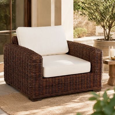 Lounge Sessel LIVING in Natural Brown Rattan Kubu Grey ca. B90cm mit Kissen