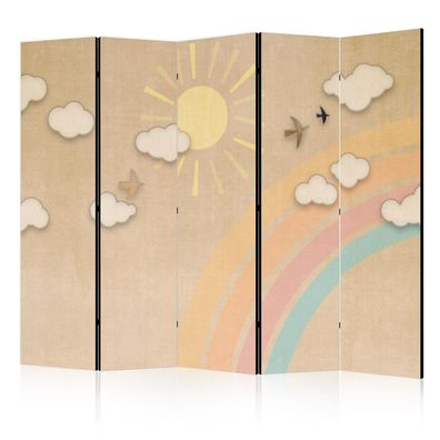 Beidseitig bedruckter Paravent 5-teilig Regenbogen am Sommerhimmel mit Vögeln
