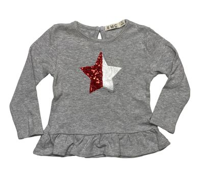EMC Mädchen Langarmshirt Tunika Gr. 80 Grau Stern Pailletten Volant Sehr Gut