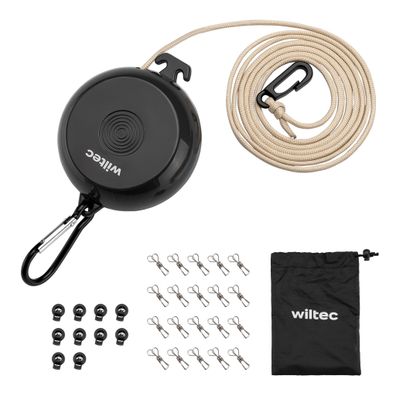 Wiltec Wäscheleine ausziehbar schwarz 10m Reisewäscheleine Wäscheschnur Camping