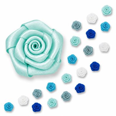 Satinrosen 15mm zum Basteln & Aufnähen 20 Stück Blau Mix