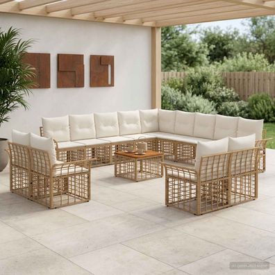 vidaXL Outdoor-Sofagarnitur 14 pcs Natürlich und Cremweiß Polyester