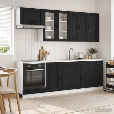vidaXL Kücheneinheit PORTO 8 pcs Schwarz Holzwerkstoff
