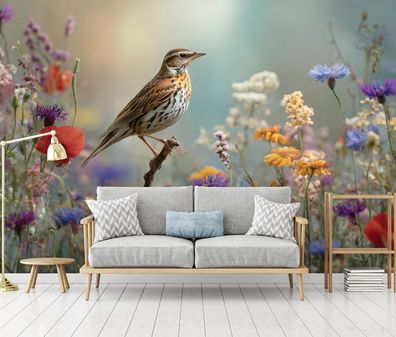 Vlies Fototapete Vogel Wiese Blumen TAPETE XXL Wohnzimmer Schlafzimmer