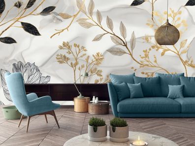 Vlies Fototapete Abstrakt Gold Blätter Schwarz TAPETE XXL Wohnzimmer Schlafzimmer