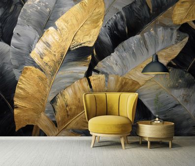 Vlies Fototapete Abstrakt Gold Bananenblätter APETE XXL Wohnzimmer Schlafzimmer