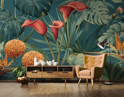 Vlies Fototapete Grün Dschungel Blumen TAPETE XXL Wohnzimmer Schlafzimmer
