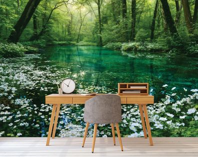 Vlies Fototapete Fluss grün Blumen weiß Natur TAPETE XXL Wohnzimmer Schlafzimmer