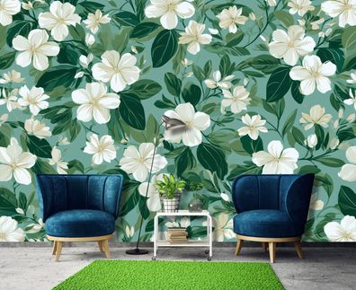 Vlies Fototapete Blumen Grün Weiß Natur TAPETE XXL Wohnzimmer Schlafzimmer