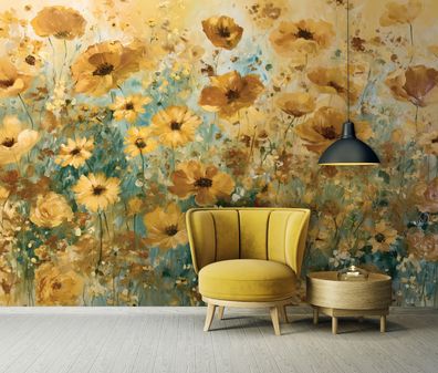 Vlies Fototapete Blumen Gelb Natur Wiese TAPETE XXL Wohnzimmer Schlafzimmer